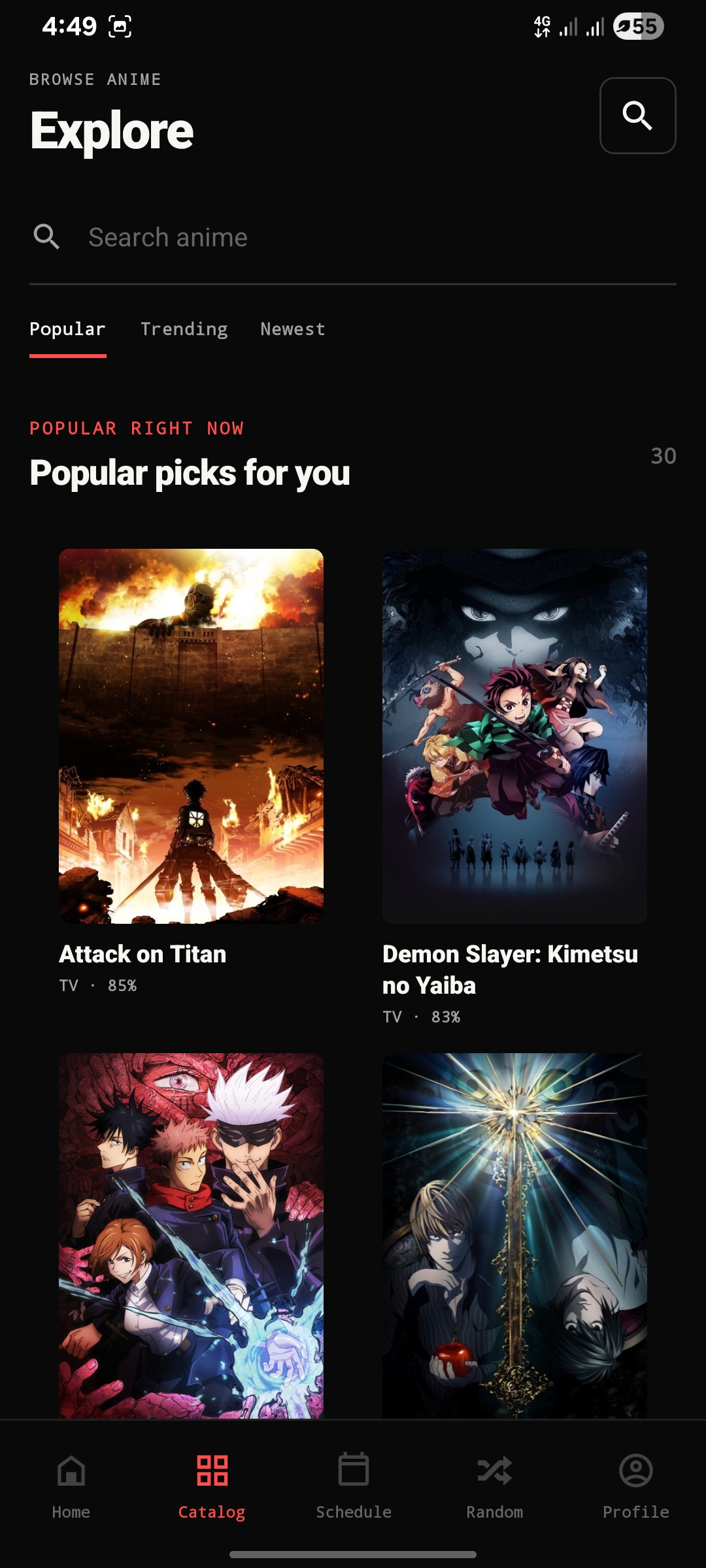 Aniraku Catalog showing search, Popular Trending Newest tabs and poster grid