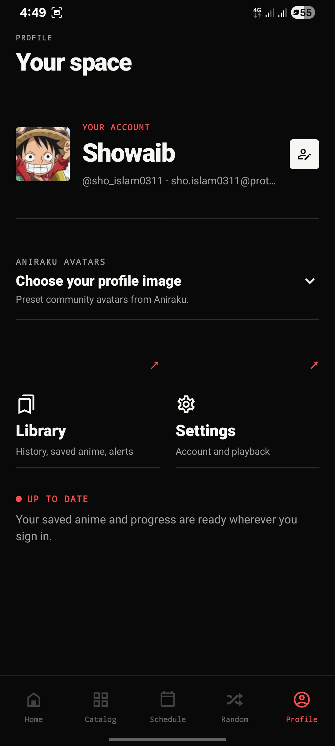 Aniraku Profile showing account identity, avatar controls, Library and Settings