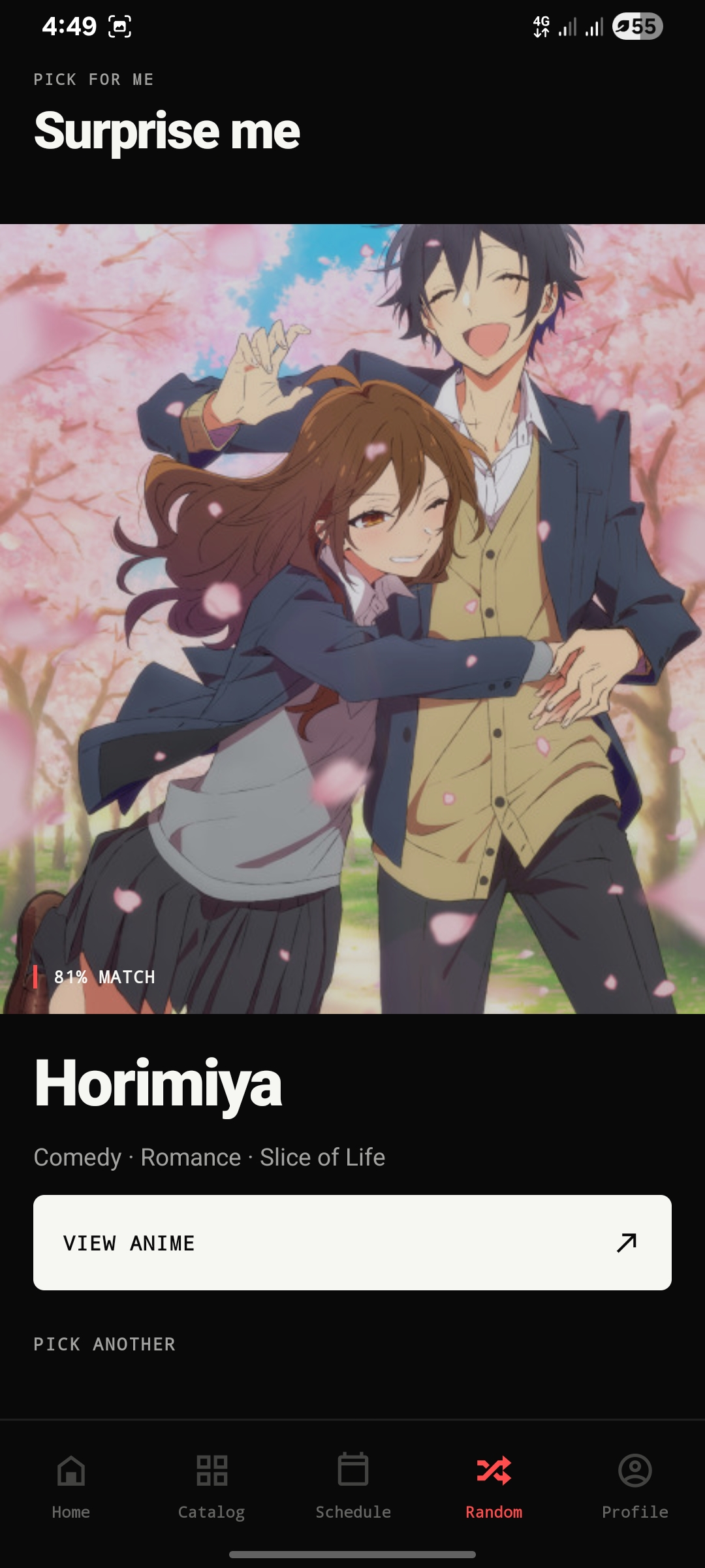 Aniraku Surprise Me screen recommending an anime with View Anime and Pick Another actions
