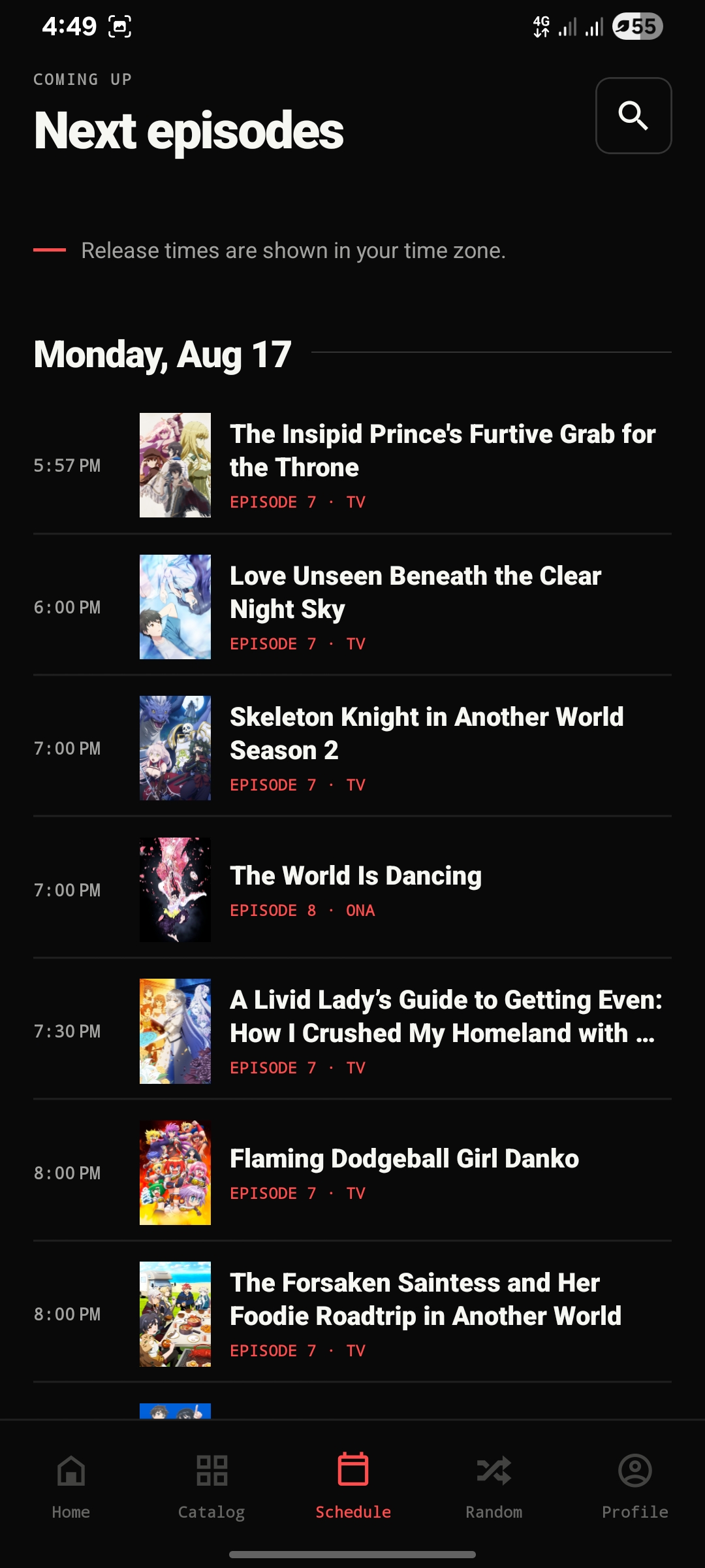 Aniraku Schedule showing an upcoming episode timeline by local release time